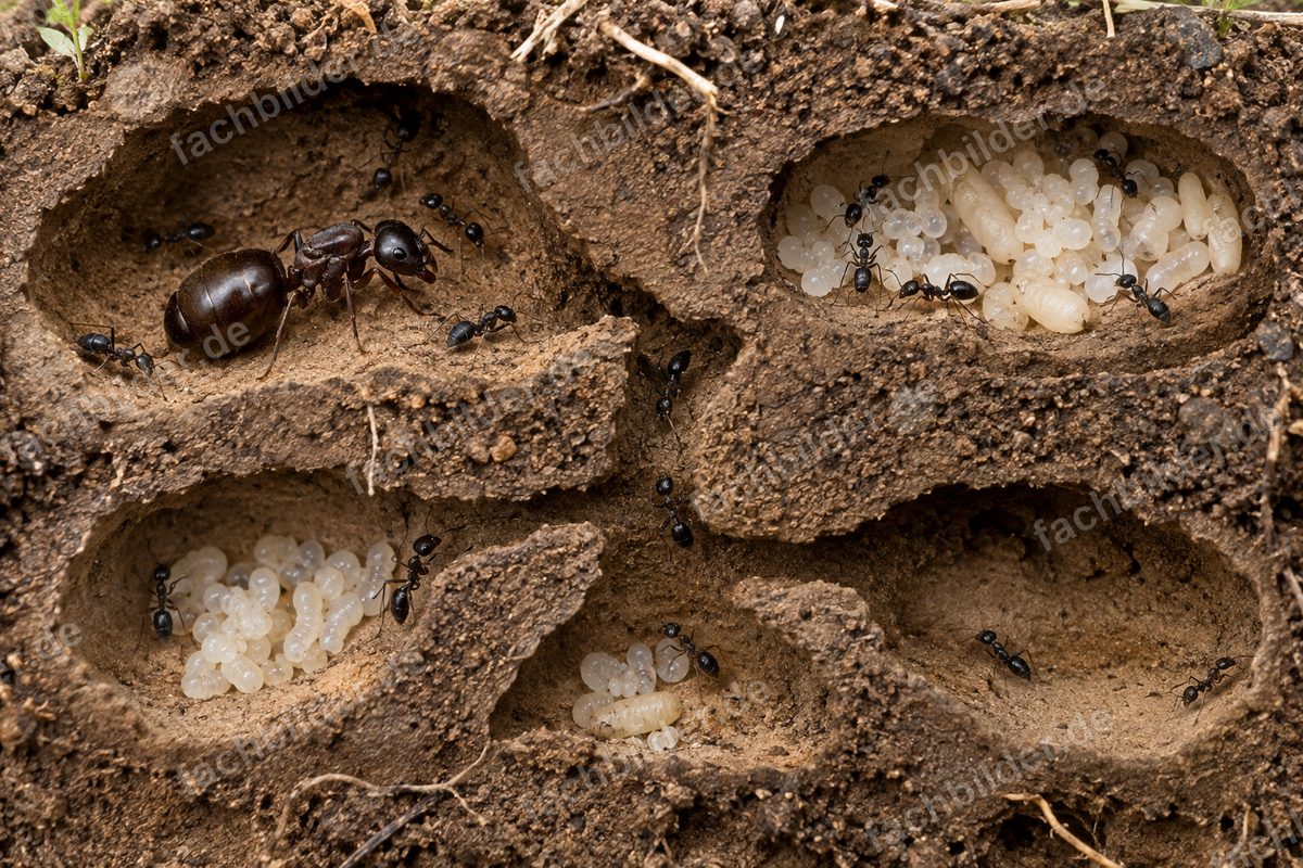 Ameisen-Adulte, Larven, Puppen und Eier im Nest