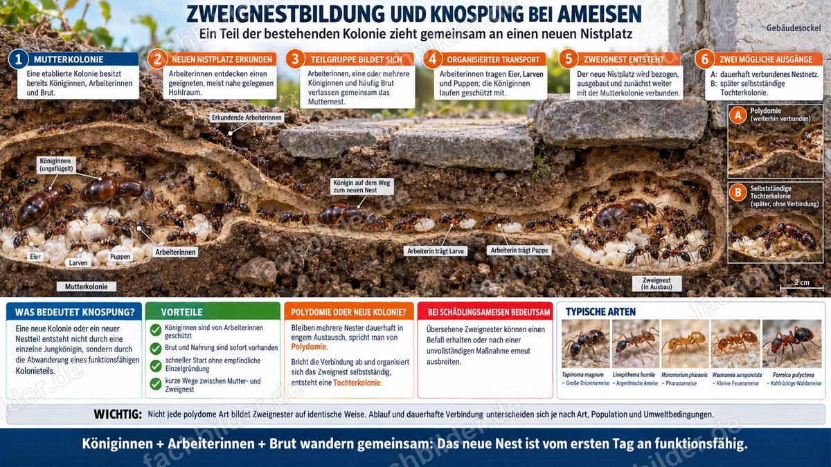 Zweignestbildung und Knospung bei Ameisen