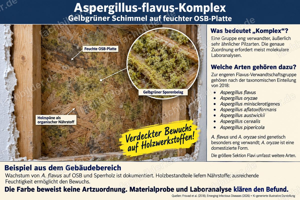 Aspergillus-flavus-Komplex: gelbgrüner Schimmel auf feuchter OSB-Platte