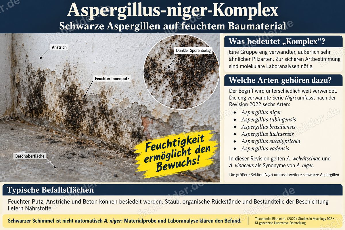 Aspergillus-niger-Komplex: schwarze Aspergillen auf feuchtem Baumaterial