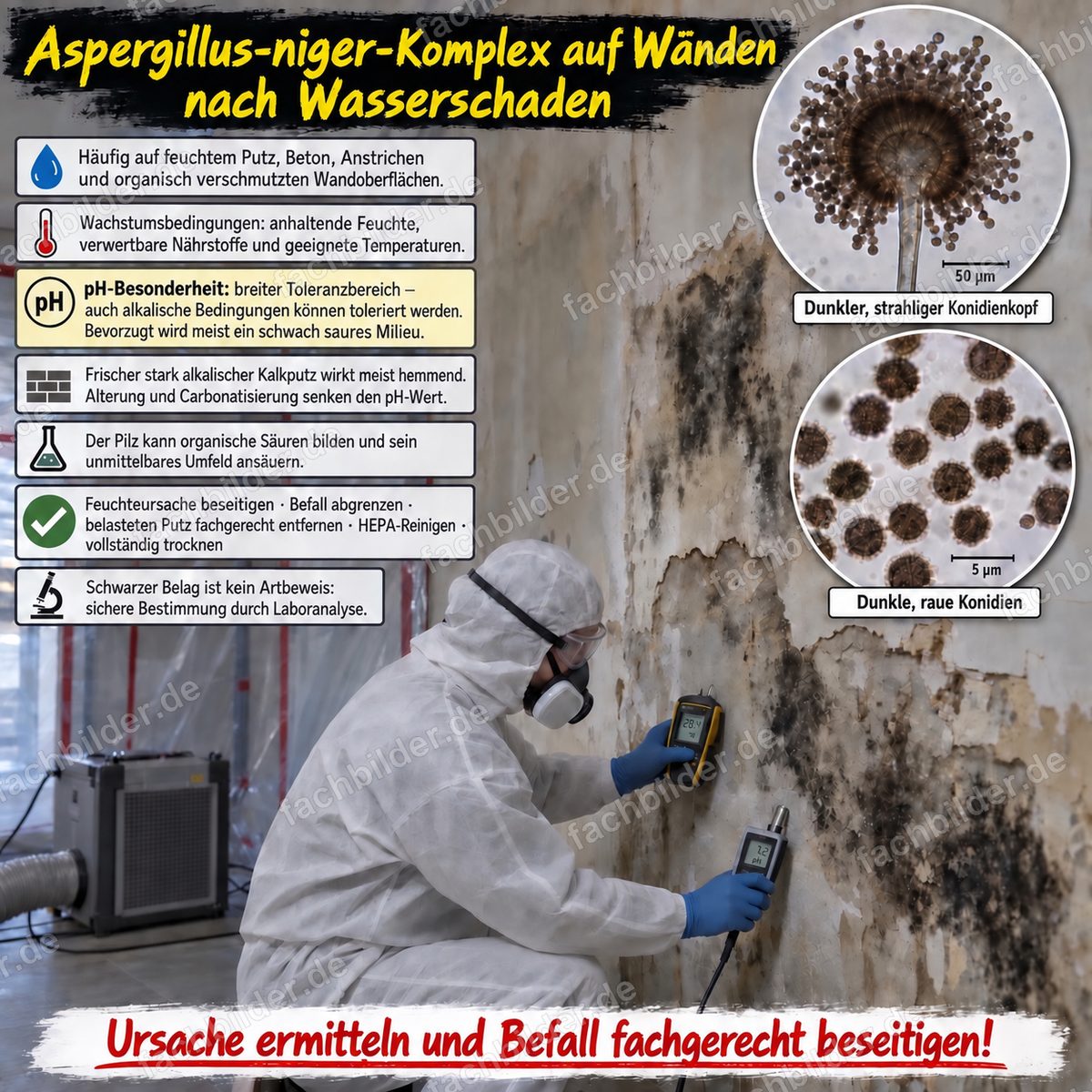 Aspergillus-niger-Komplex auf Wänden nach Wasserschaden
