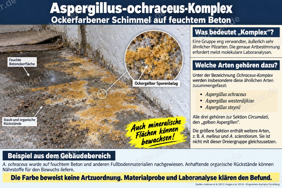Aspergillus-ochraceus-Komplex: ockerfarbener Schimmel auf feuchtem Beton
