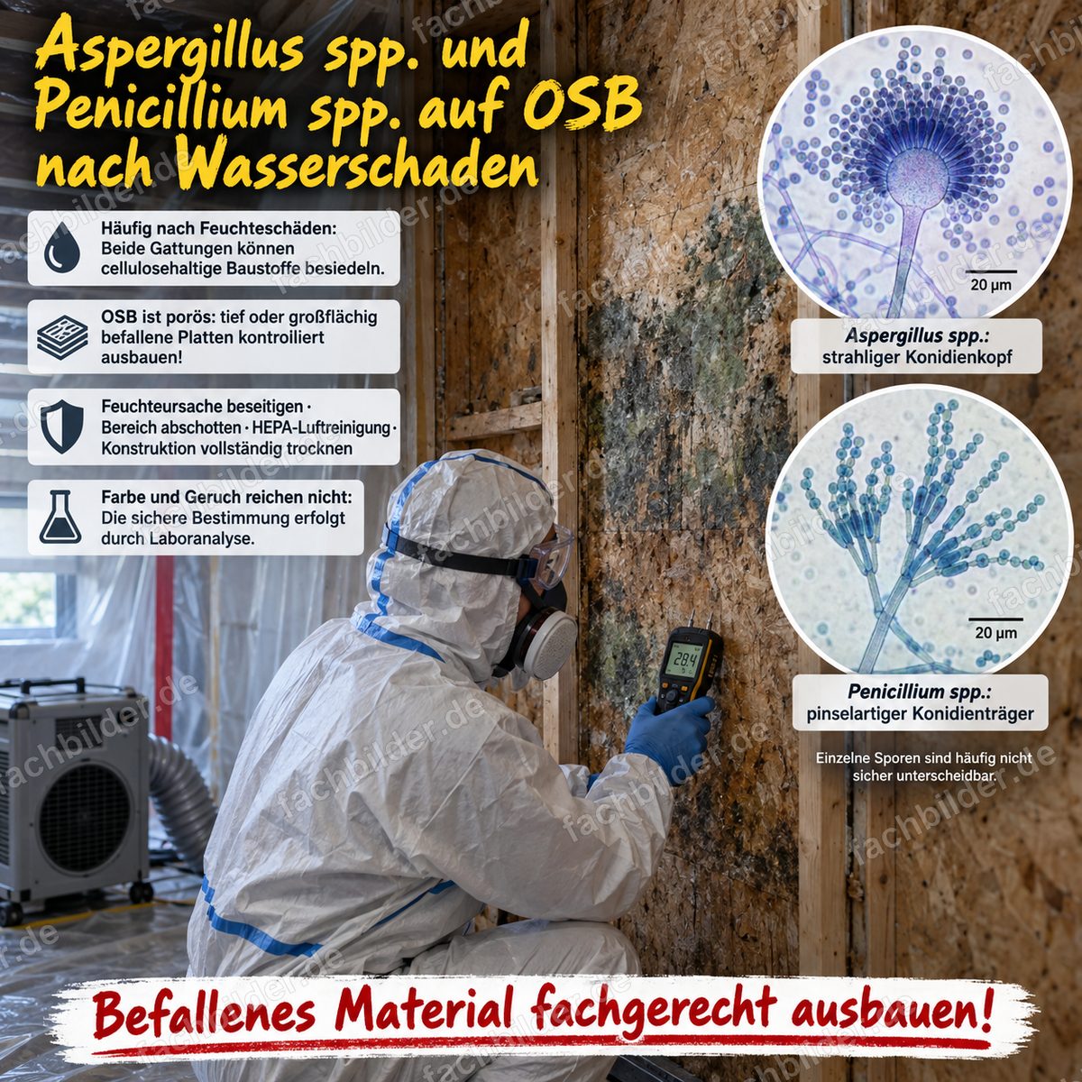 Aspergillus und Penicillium auf OSB nach Wasserschaden