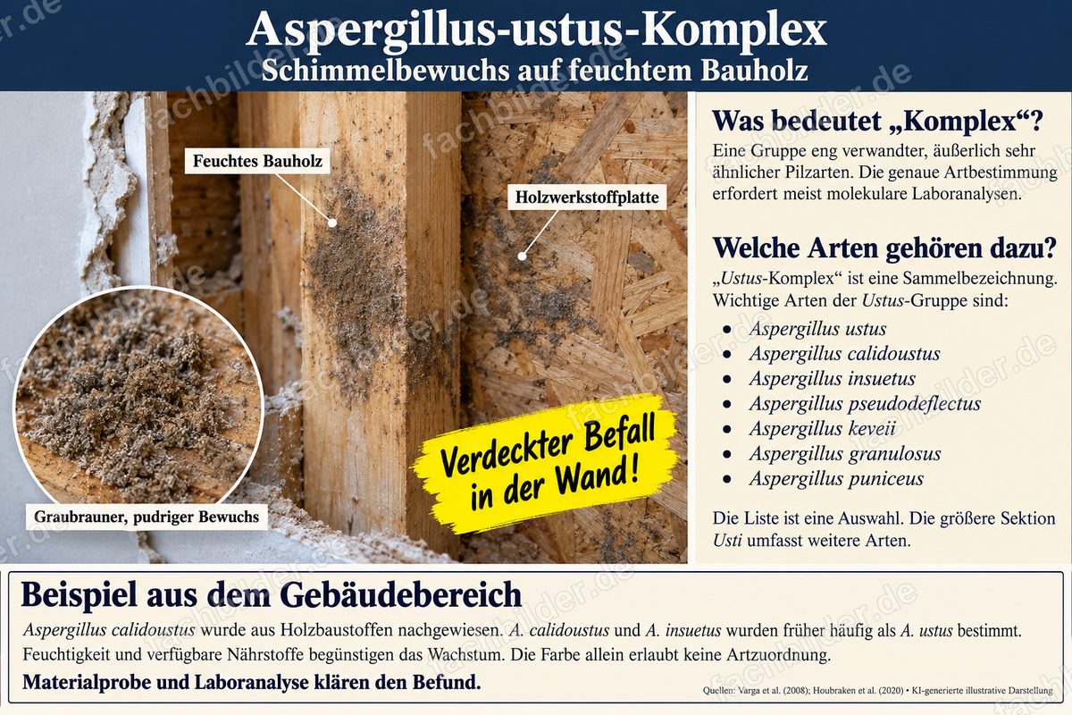 Aspergillus-ustus-Komplex: Schimmelbewuchs auf feuchtem Bauholz