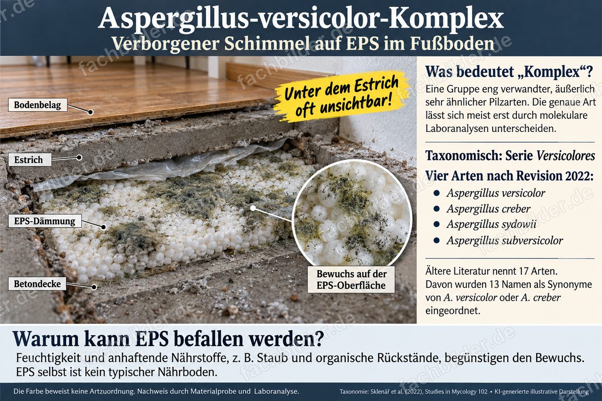 Aspergillus-versicolor-Komplex: verborgener Schimmel auf EPS im Fußboden