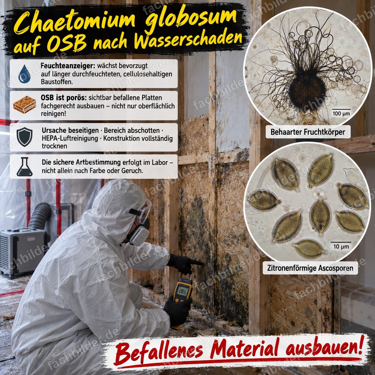 Chaetomium globosum auf OSB nach Wasserschaden