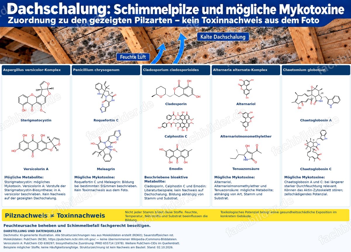 Dachschalung: Schimmelpilze und mögliche Mykotoxine mit Strukturformeln