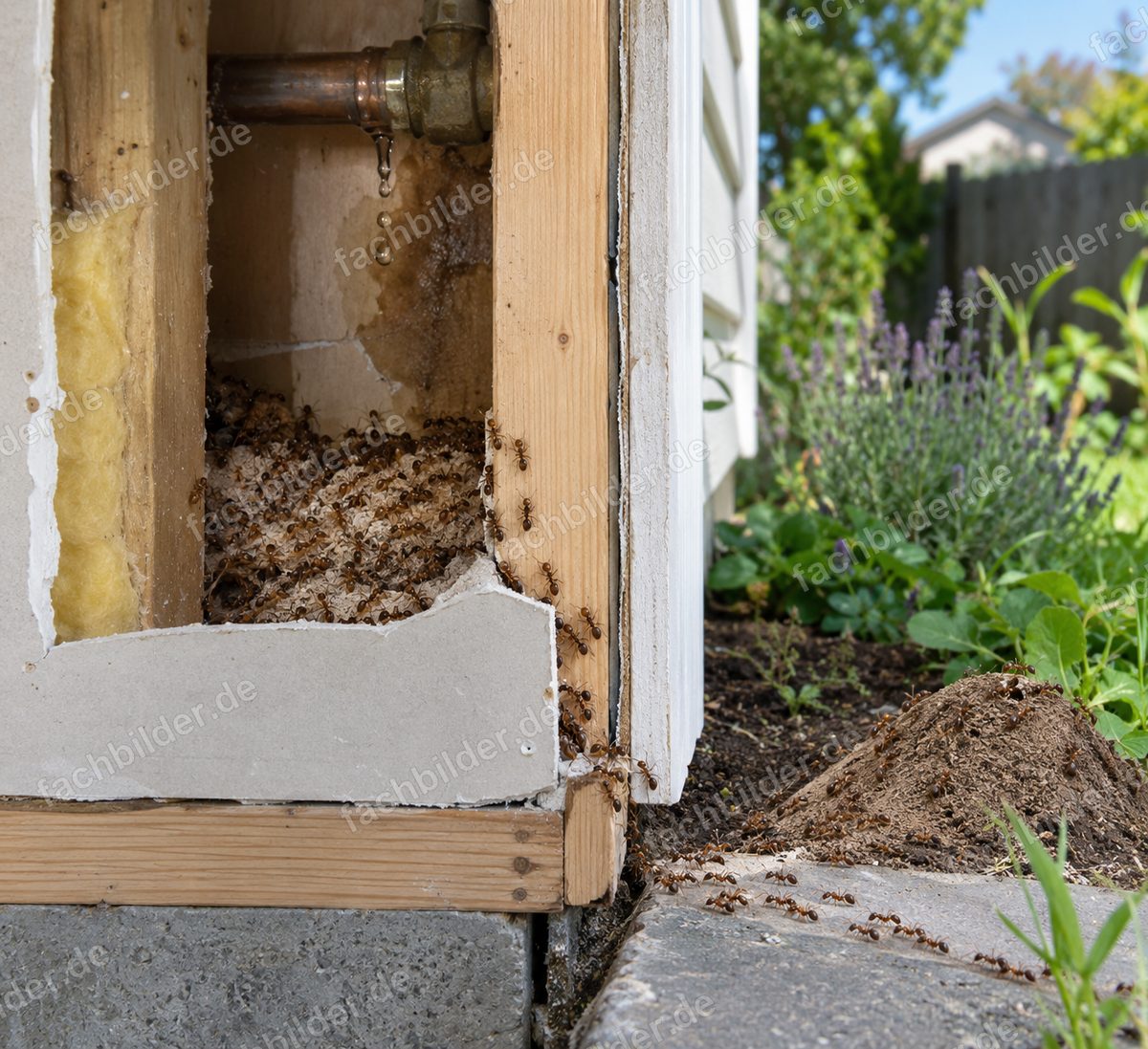 Der Holzameisenbefall beginnt mit der Tropfleckage