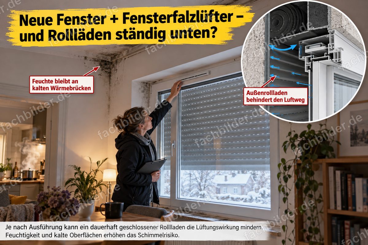 Neue Fenster, Fensterfalzlüfter und Rollläden ständig unten