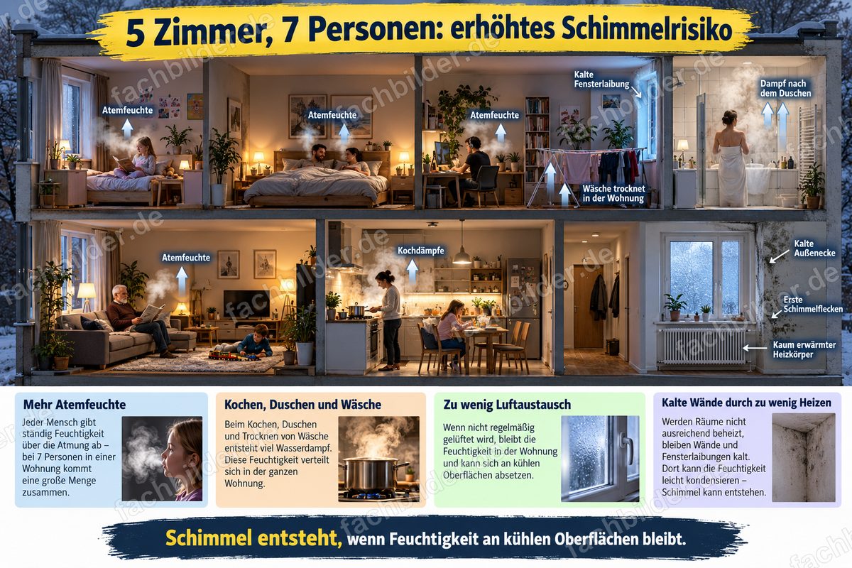 5 Zimmer, 7 Personen: erhöhtes Schimmelrisiko