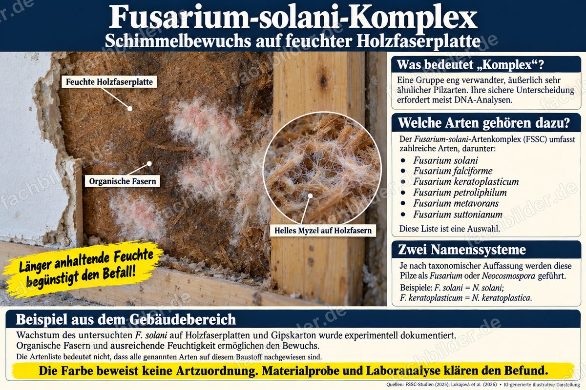 Fusarium-solani-Komplex: Schimmel auf feuchter Holzfaserplatte