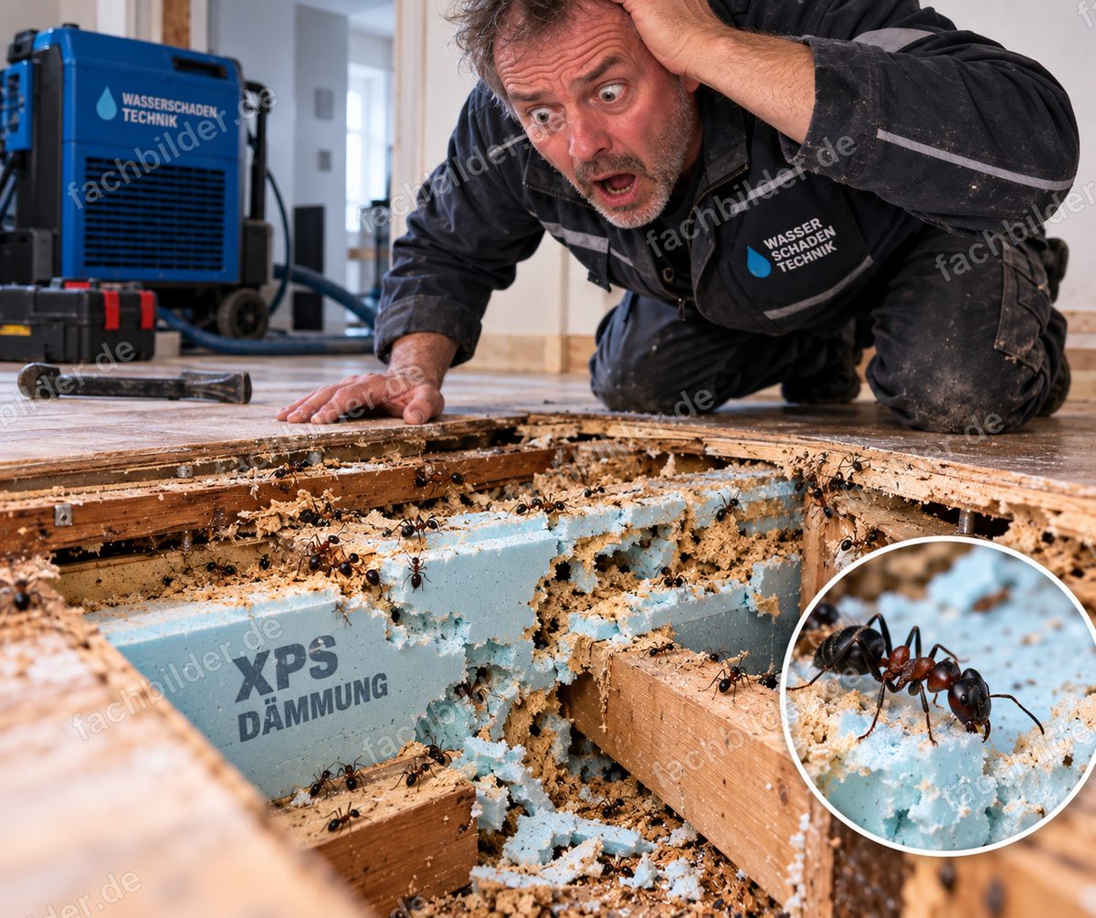 Holzameisen nach Wasserschaden in der XPS-Dämmung