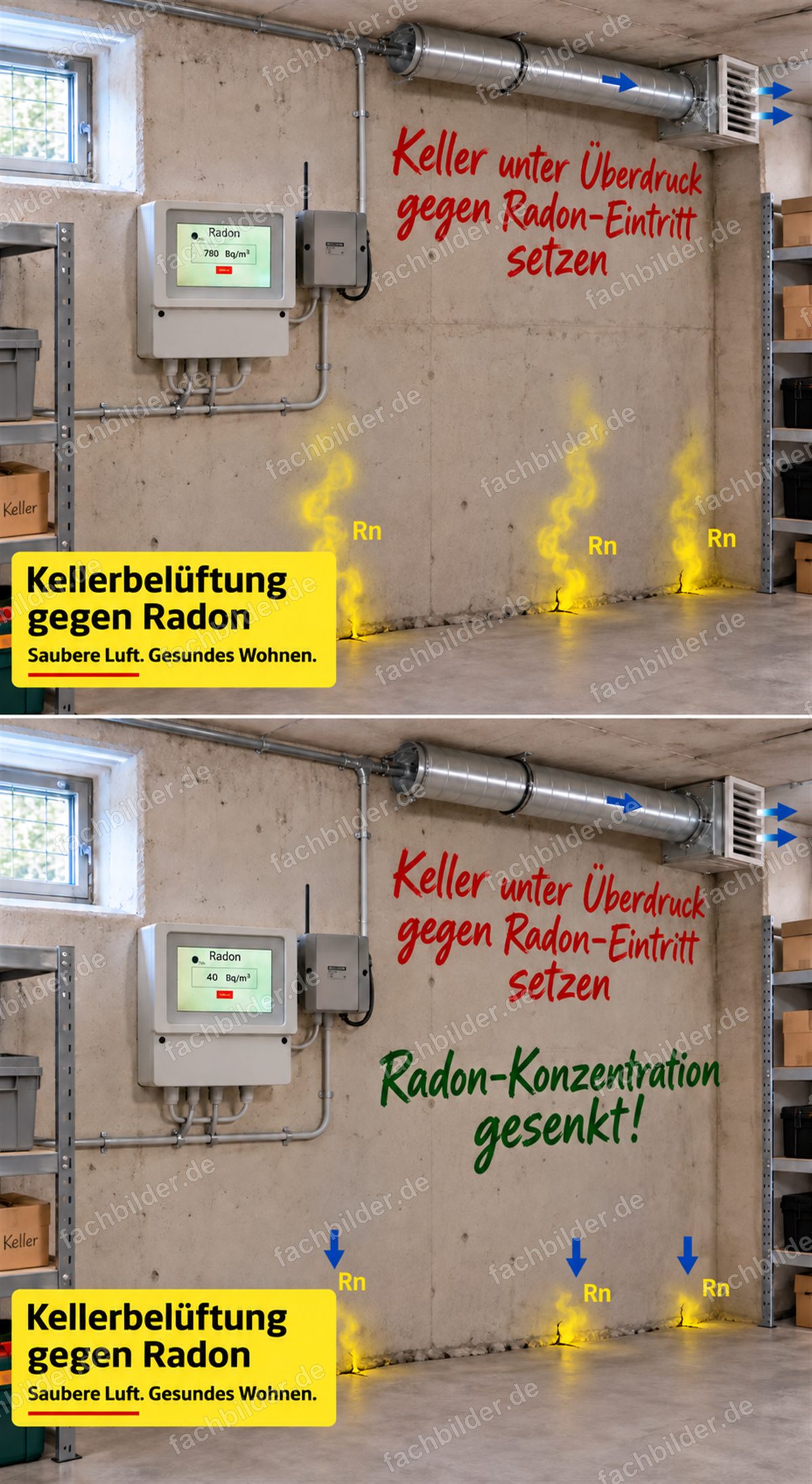 Keller unter Überdruck: Radon-Konzentration gesenkt (Hochformat, vorher und nachher)
