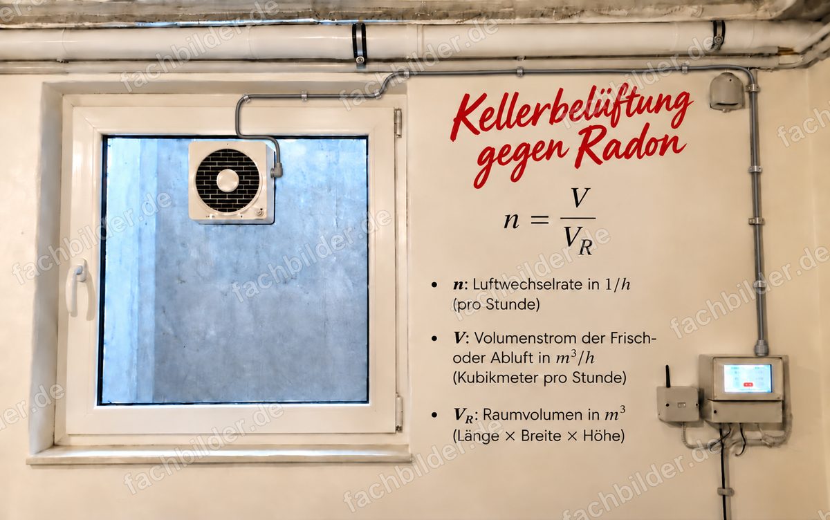Kellerbelüftung gegen Radon mit Steuergerät und Leitungsführung