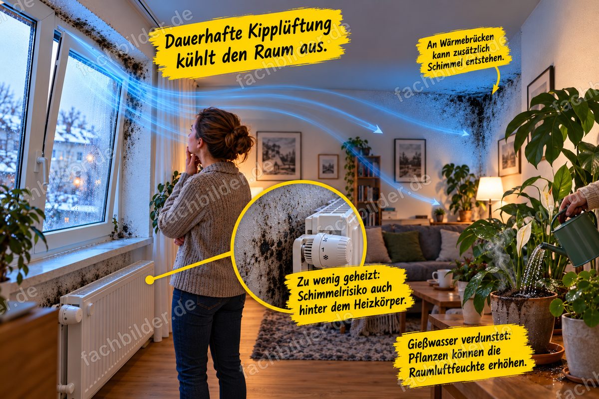 Kipplüftung, wenig Heizen und viele Pflanzen fördern Schimmel