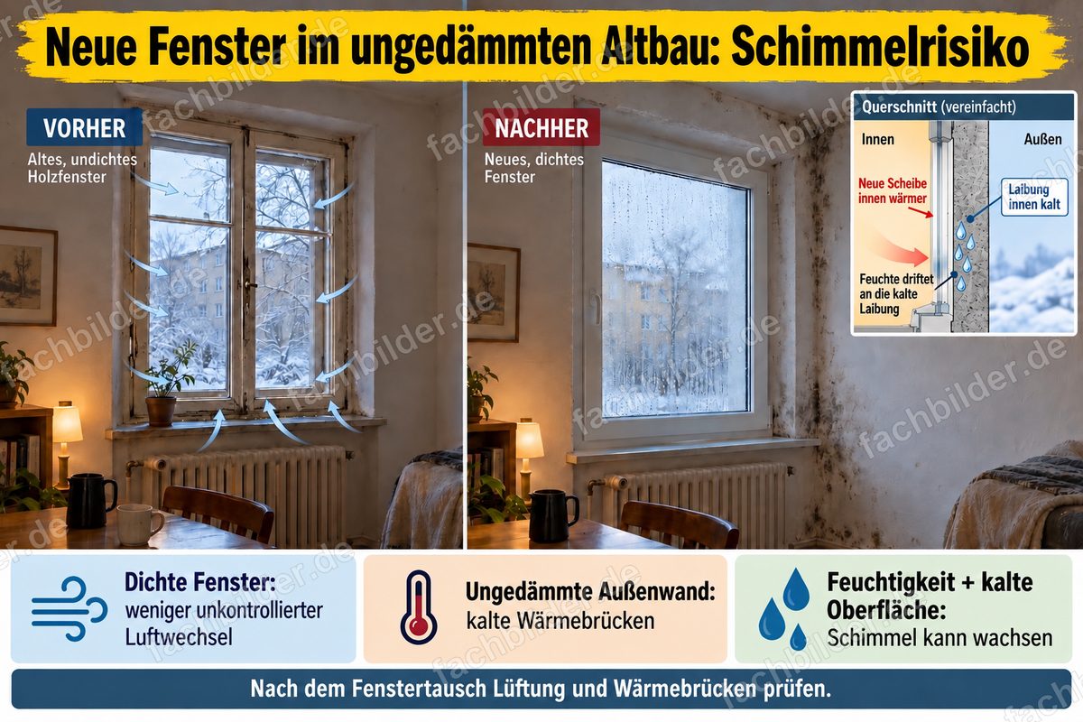 Neue Fenster im ungedämmten Altbau: vorher und nachher