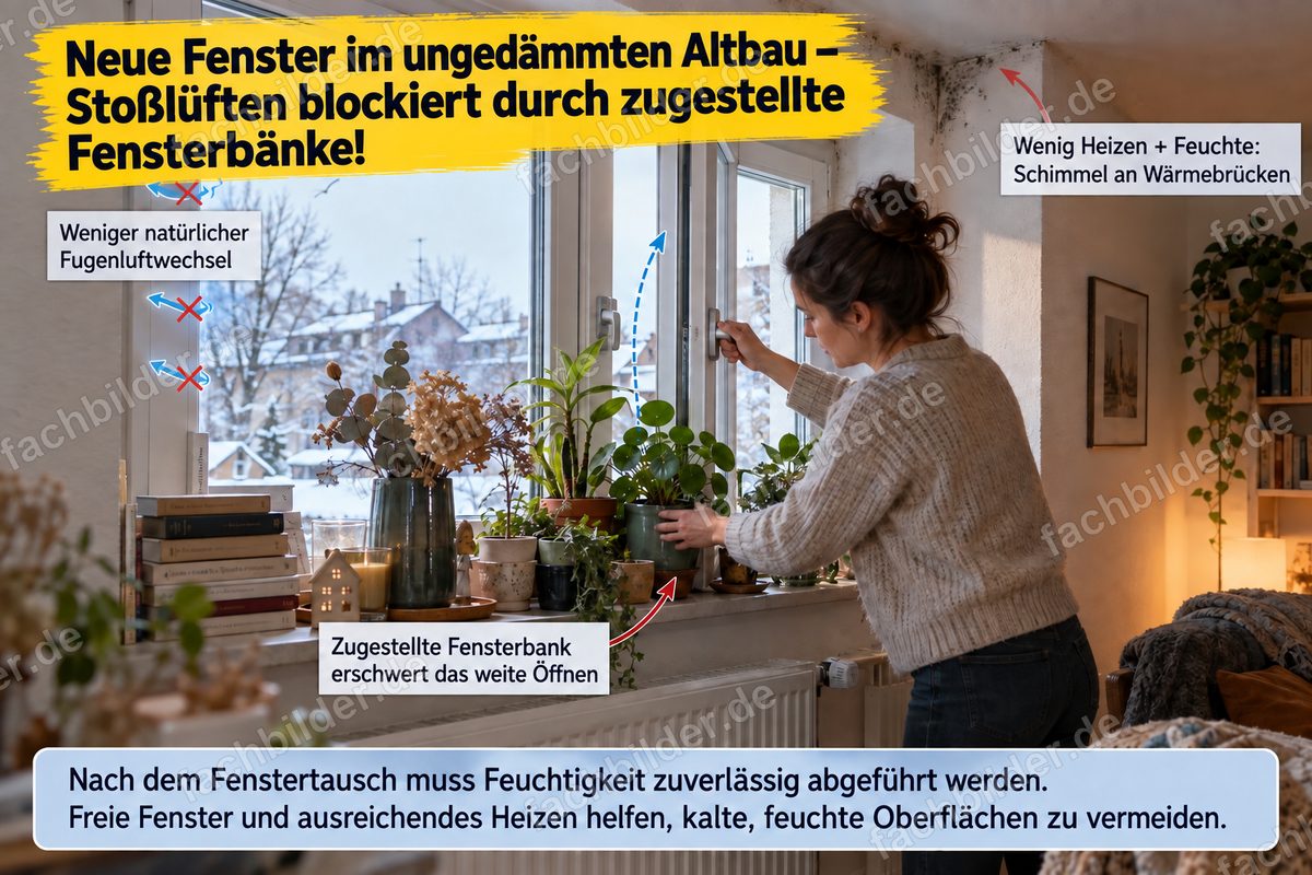 Neue Fenster im ungedämmten Altbau: zugestellte Fensterbänke