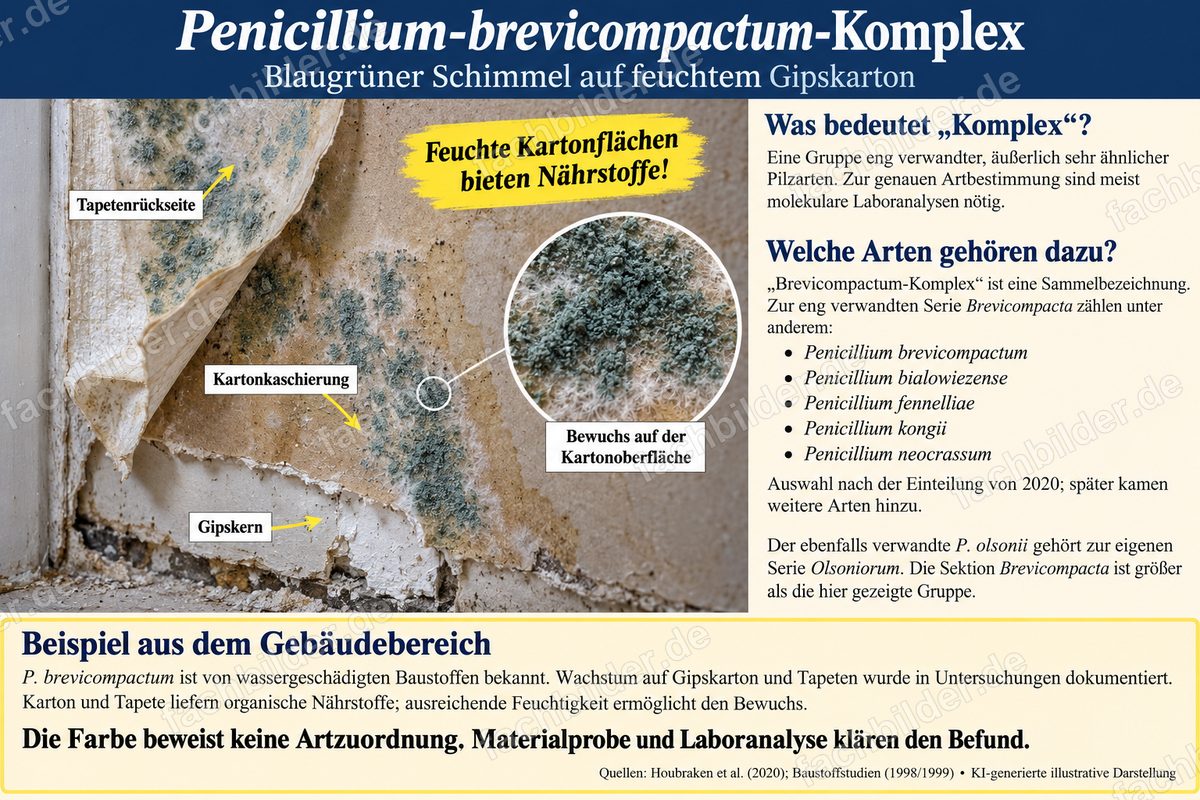 Penicillium-brevicompactum-Komplex: Schimmel auf feuchtem Gipskarton