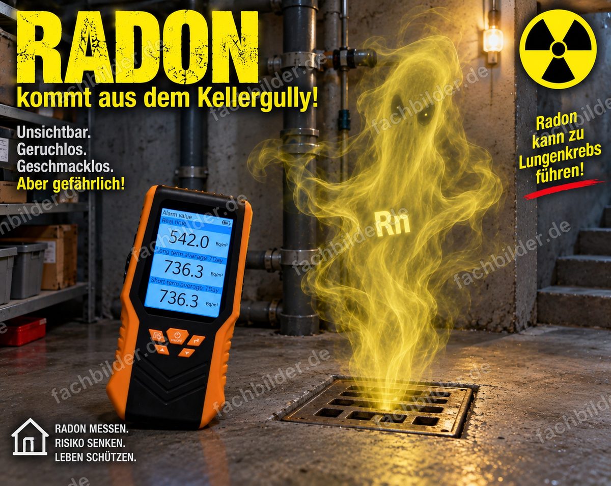 Radon kommt aus dem Kellergully: Messgerät am Bodenablauf