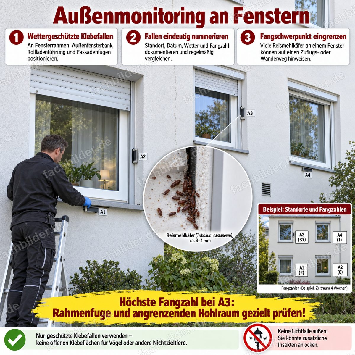 Außenmonitoring an Fenstern bei Reismehlkäfern