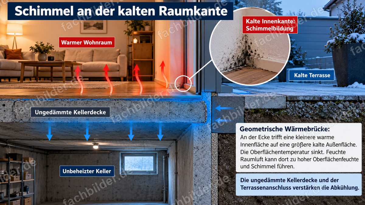 Schimmel an der kalten Raumkante: ungedämmte Kellerdecke