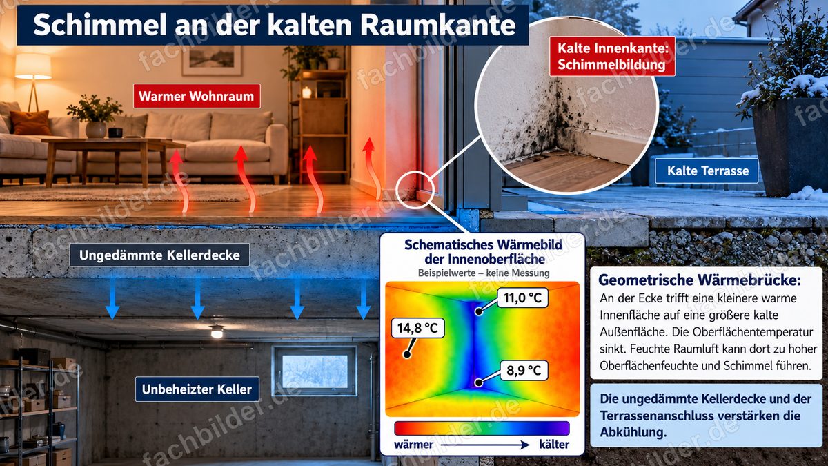 Schimmel an der kalten Raumkante: Terrasse und Kellerdecke