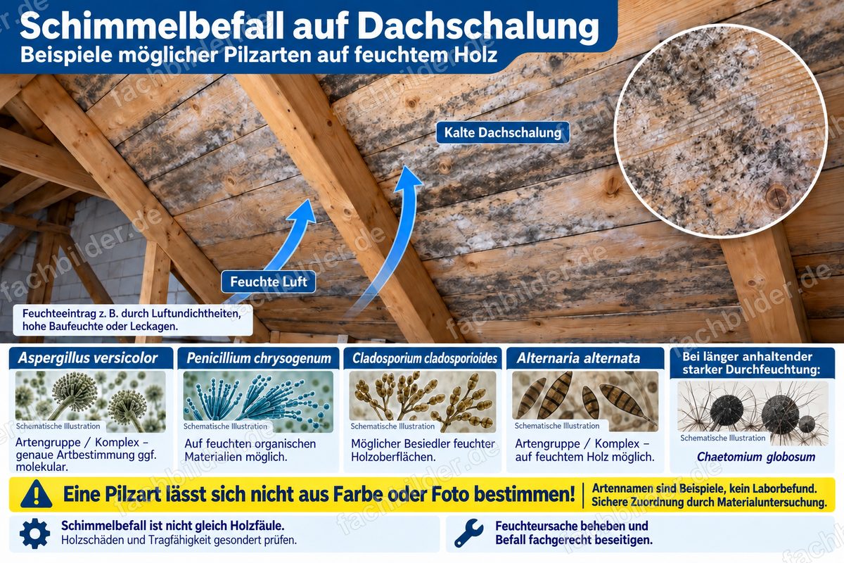 Schimmelbefall auf Dachschalung: mögliche Pilzarten