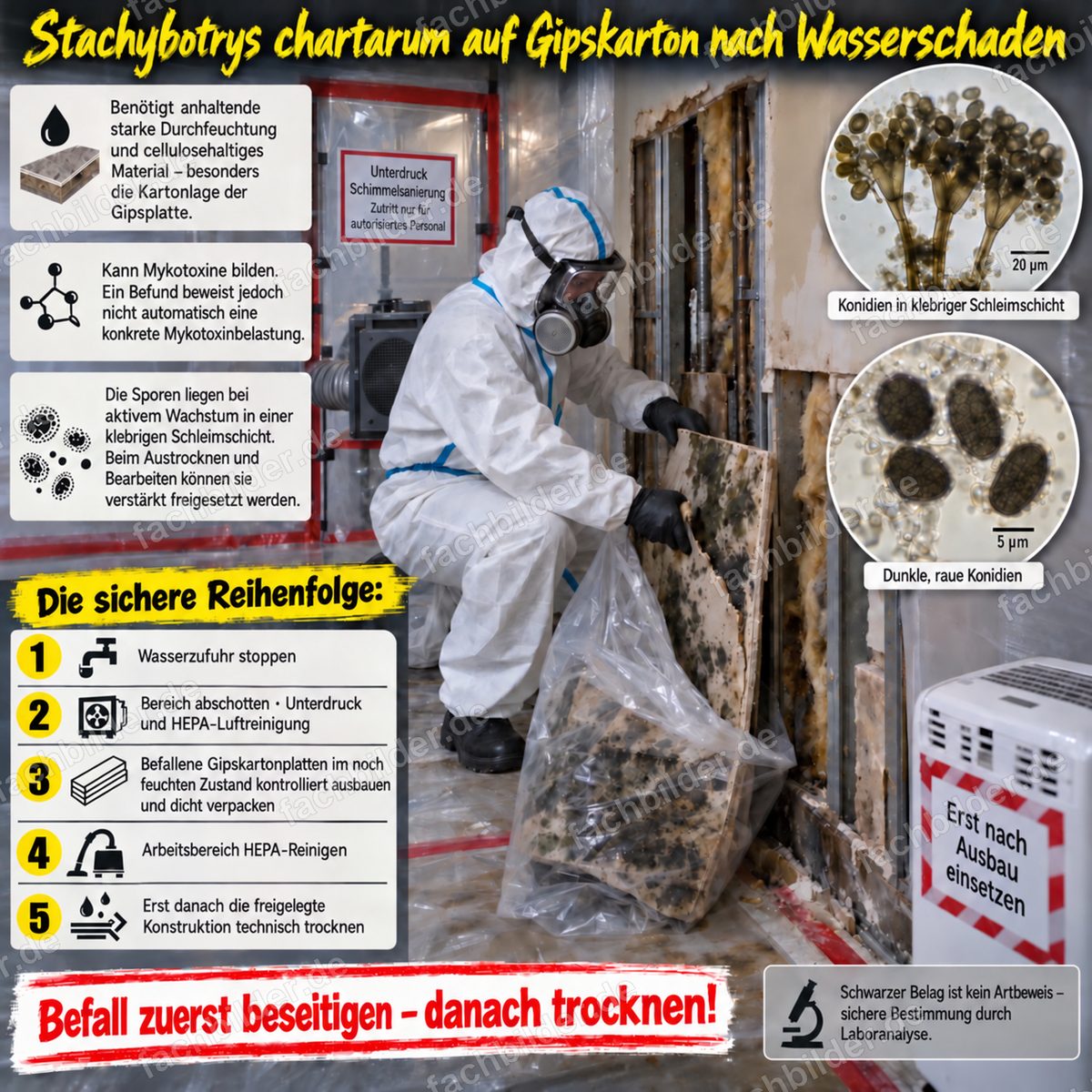 Stachybotrys chartarum auf Gipskarton nach Wasserschaden