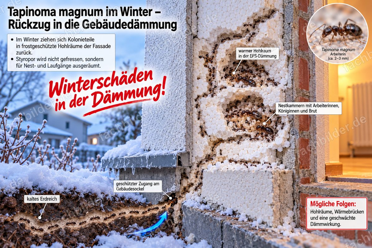 Tapinoma magnum in Winternestern in der Fassadendämmung