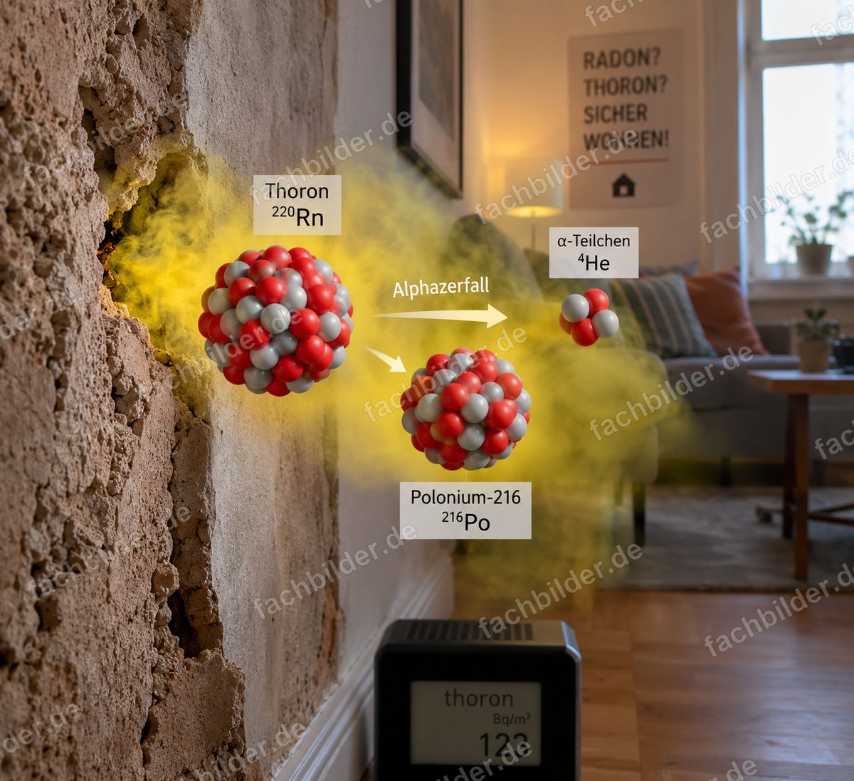 Thoron aus der Natursteinwand: Alphazerfall zu Polonium-216