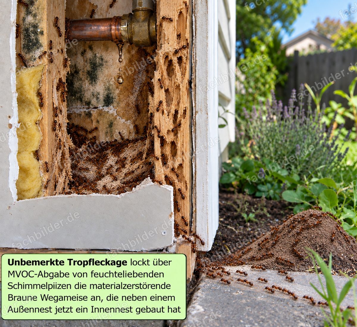 Tropfleckage in der Fassade: materialzerstörende Ameisen kommen dazu