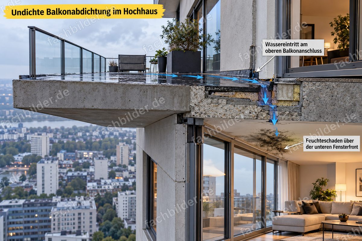 Undichte Balkonabdichtung im Hochhaus