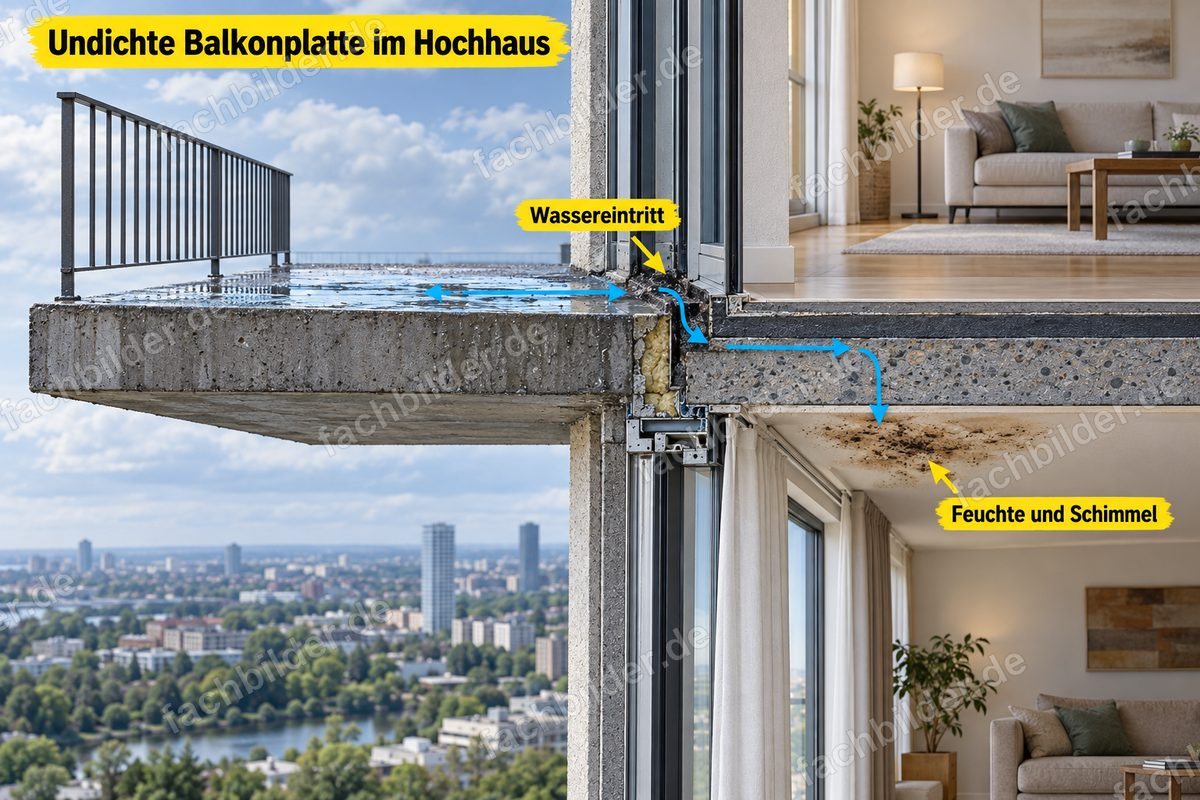 Undichte Balkonplatte im Hochhaus