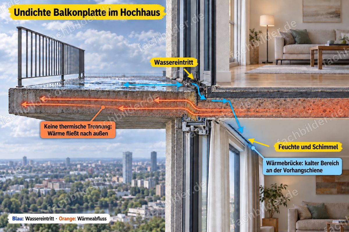 Undichte Balkonplatte im Hochhaus: Wassereintritt und Wärmeabfluss