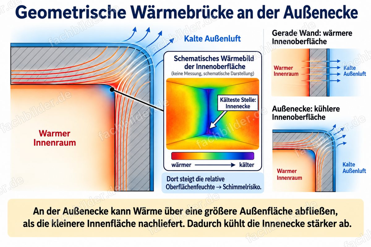 Geometrische Wärmebrücke: Außenecke und gerade Wand