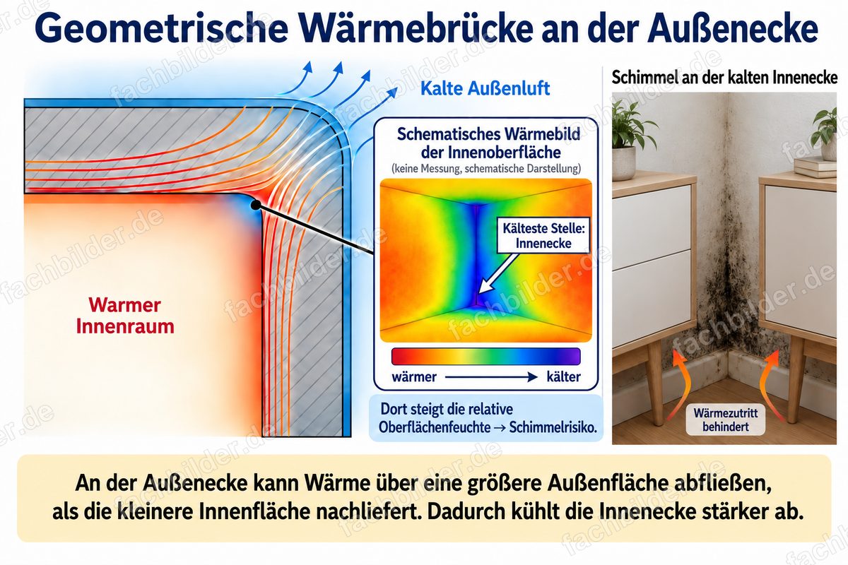 Geometrische Wärmebrücke: Möbel behindern den Wärmezutritt