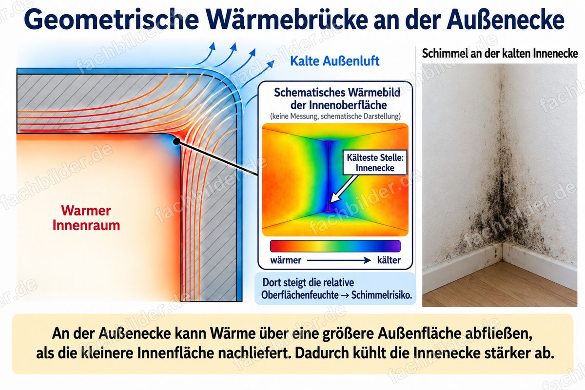 Geometrische Wärmebrücke an der Außenecke mit Schimmel