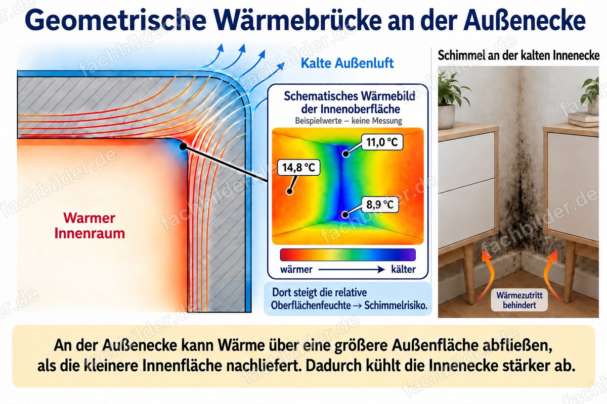 Geometrische Wärmebrücke an der Außenecke mit Beispieltemperaturen