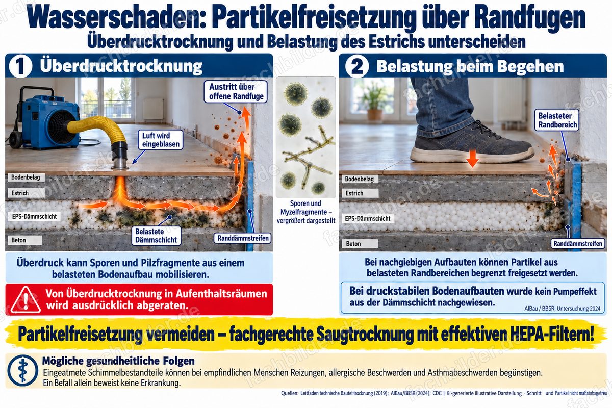 Wasserschaden: Partikelfreisetzung über Randfugen, Saugtrocknung mit HEPA-Filtern